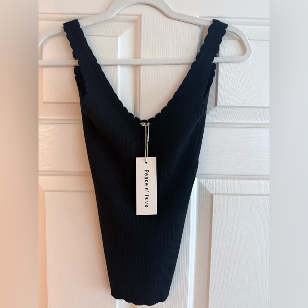 Peace n’ Love Black Knit Tank Top with Scallop Trim (Size S/M, NWT)